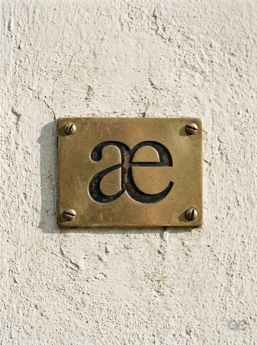 La plaque de laiton gravée du æ, à l’entrée de l’agence