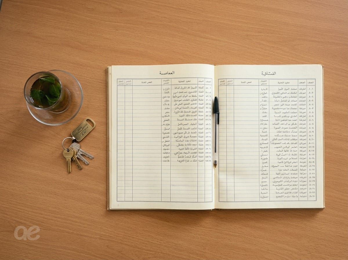 Le registre papier de l’agence, un stylo, les clés et un verre de thé