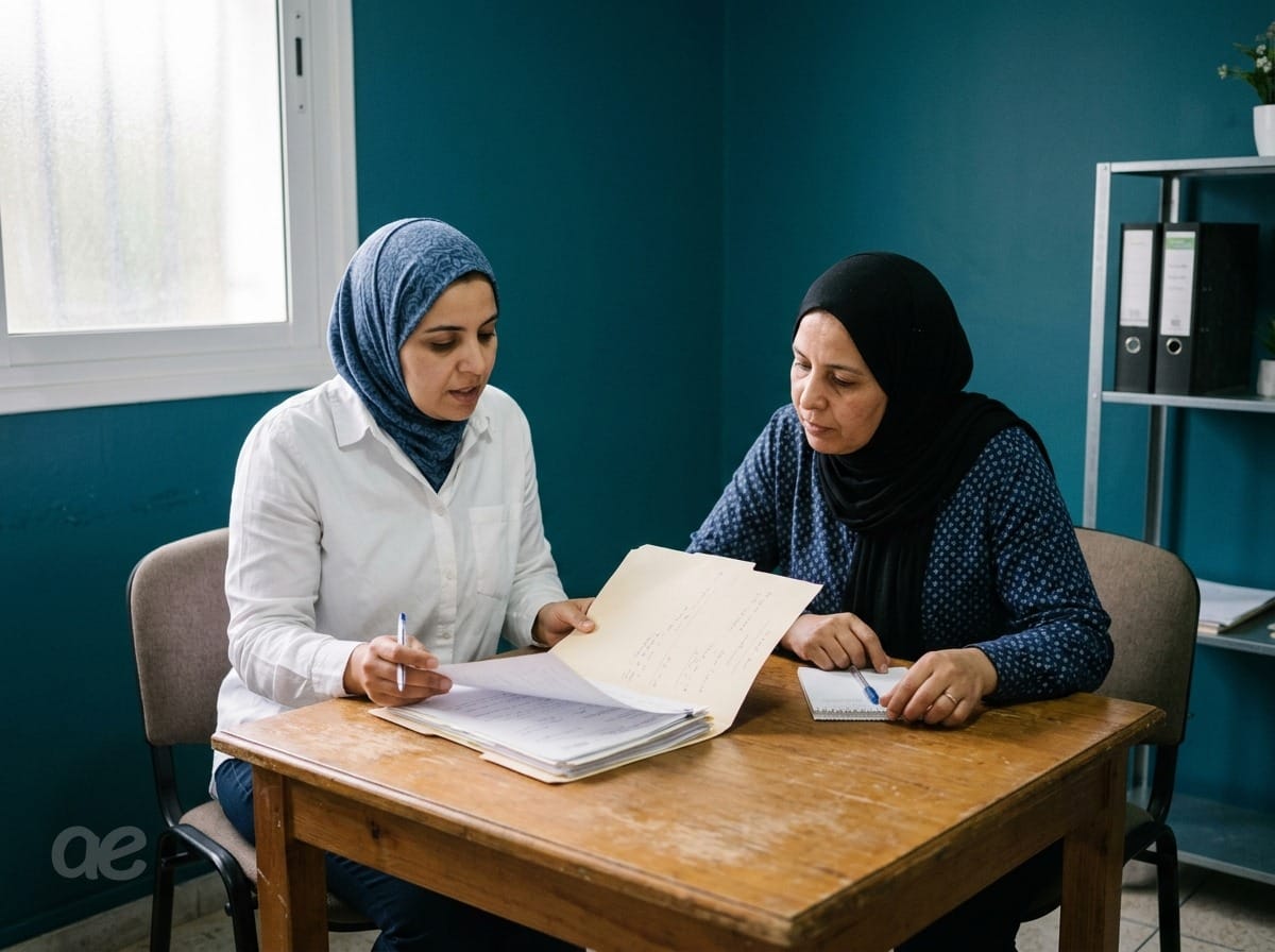Deux femmes lisent ensemble un dossier de présentation à l’agence