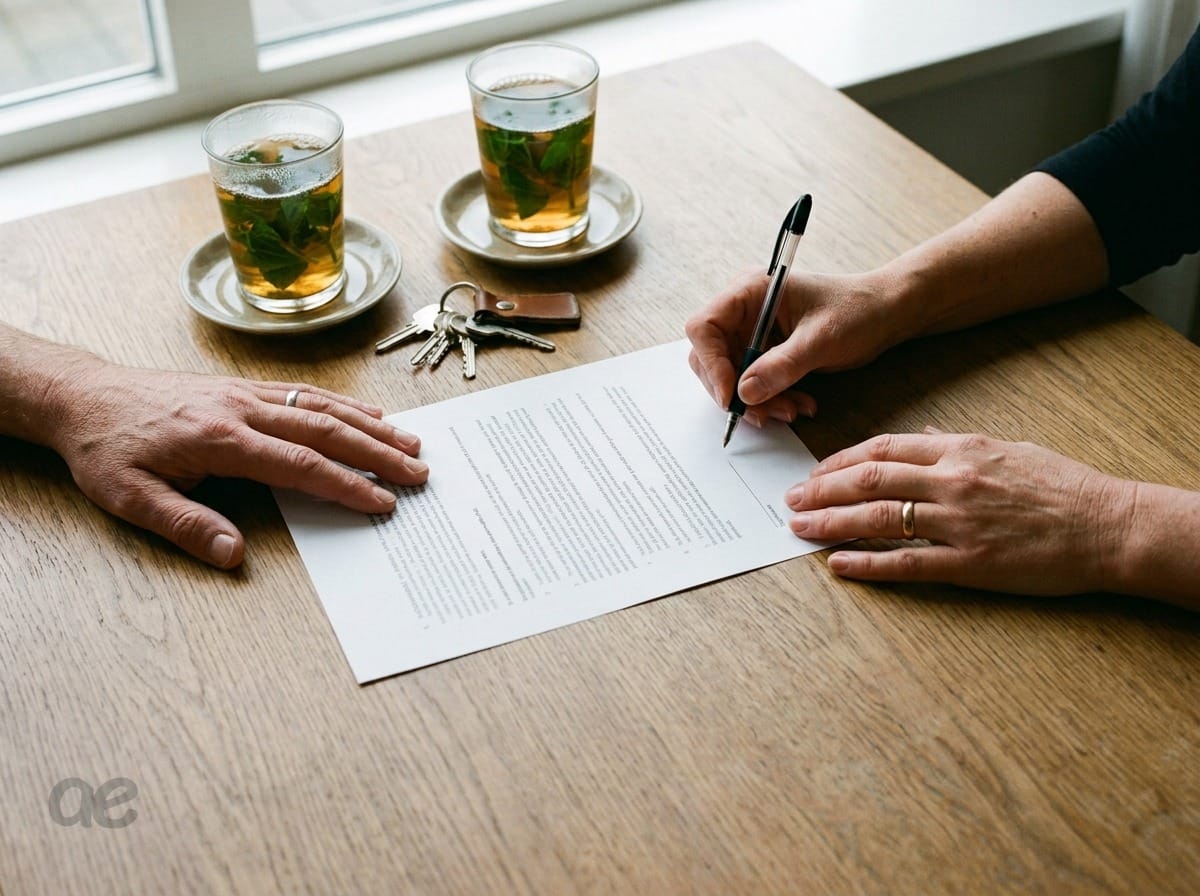 Deux mains au-dessus d'un contrat, un stylo, les clés : payer quand c'est fait
