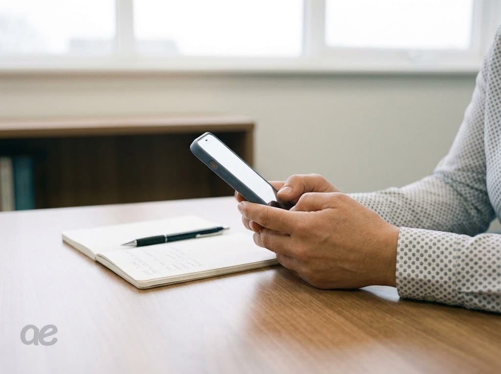 Des mains tiennent un téléphone au-dessus d’un carnet
