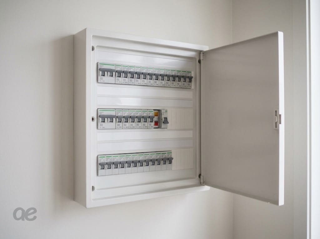 Un tableau électrique ouvert, un disjoncteur abaissé